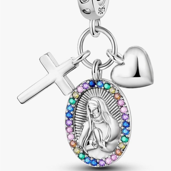 Catholic Virgin Mary and cross sterling silver charm Pandora like bracel… - Picture 1 of 2